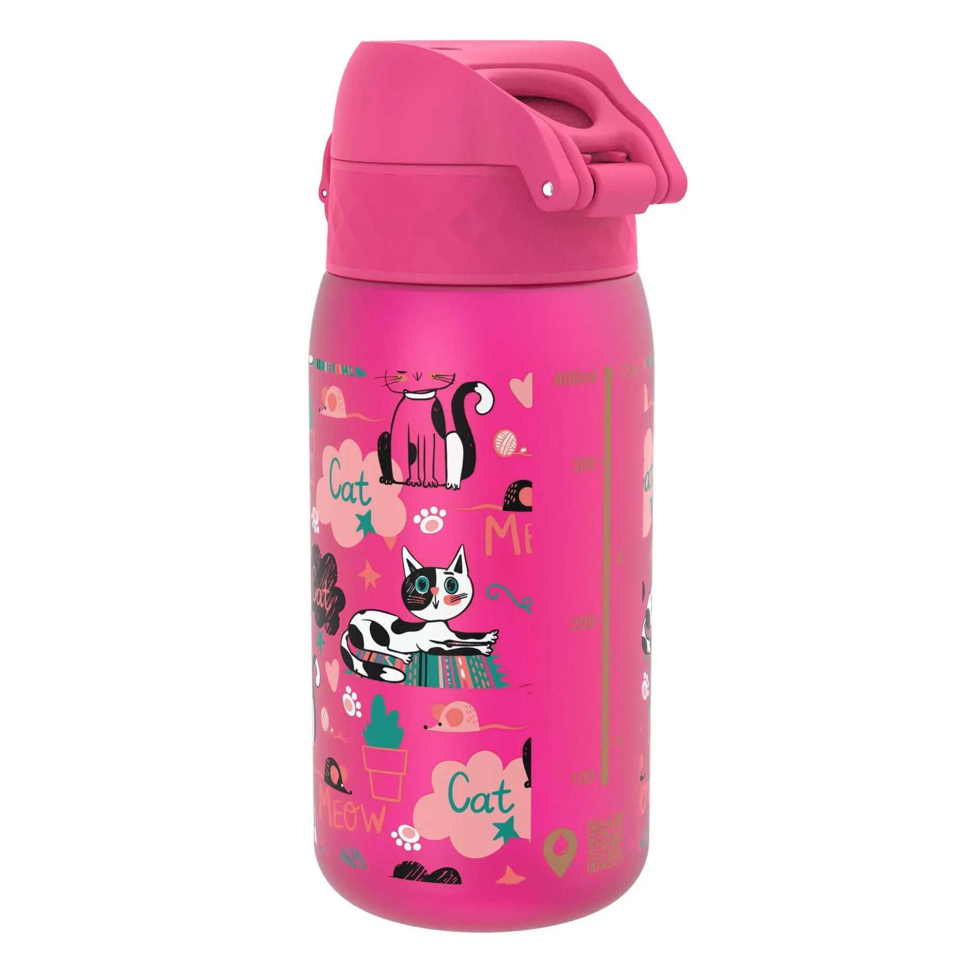 Pink water bottle featuring playful cat illustrations and paw prints with text reading "Cat" and "Meow" against a bright backdrop designed for everyday hydration.