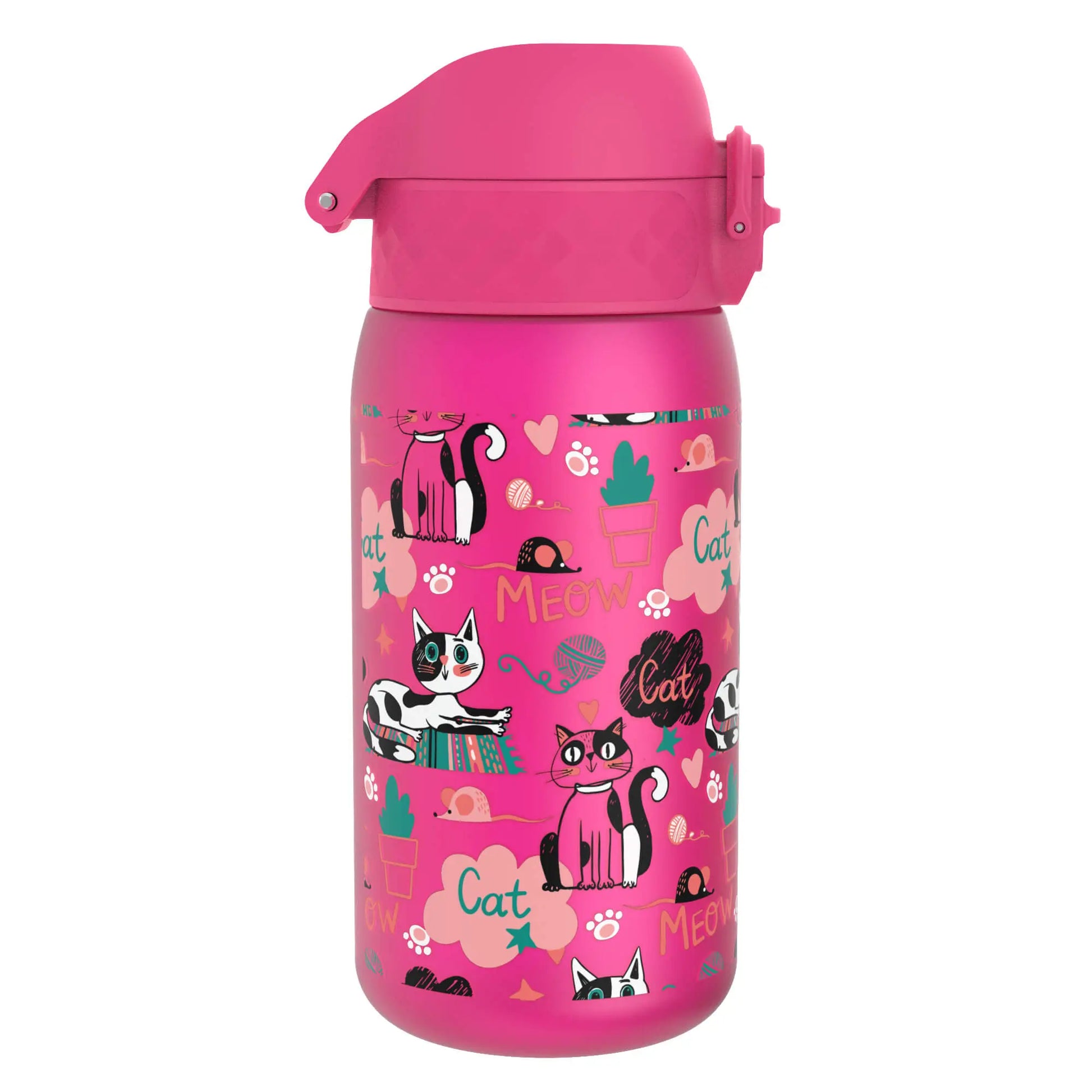 A pink water bottle featuring various illustrated cats, yarn balls, and paw prints with text reading "Cat" and "Meow" against a playful, colorful design.