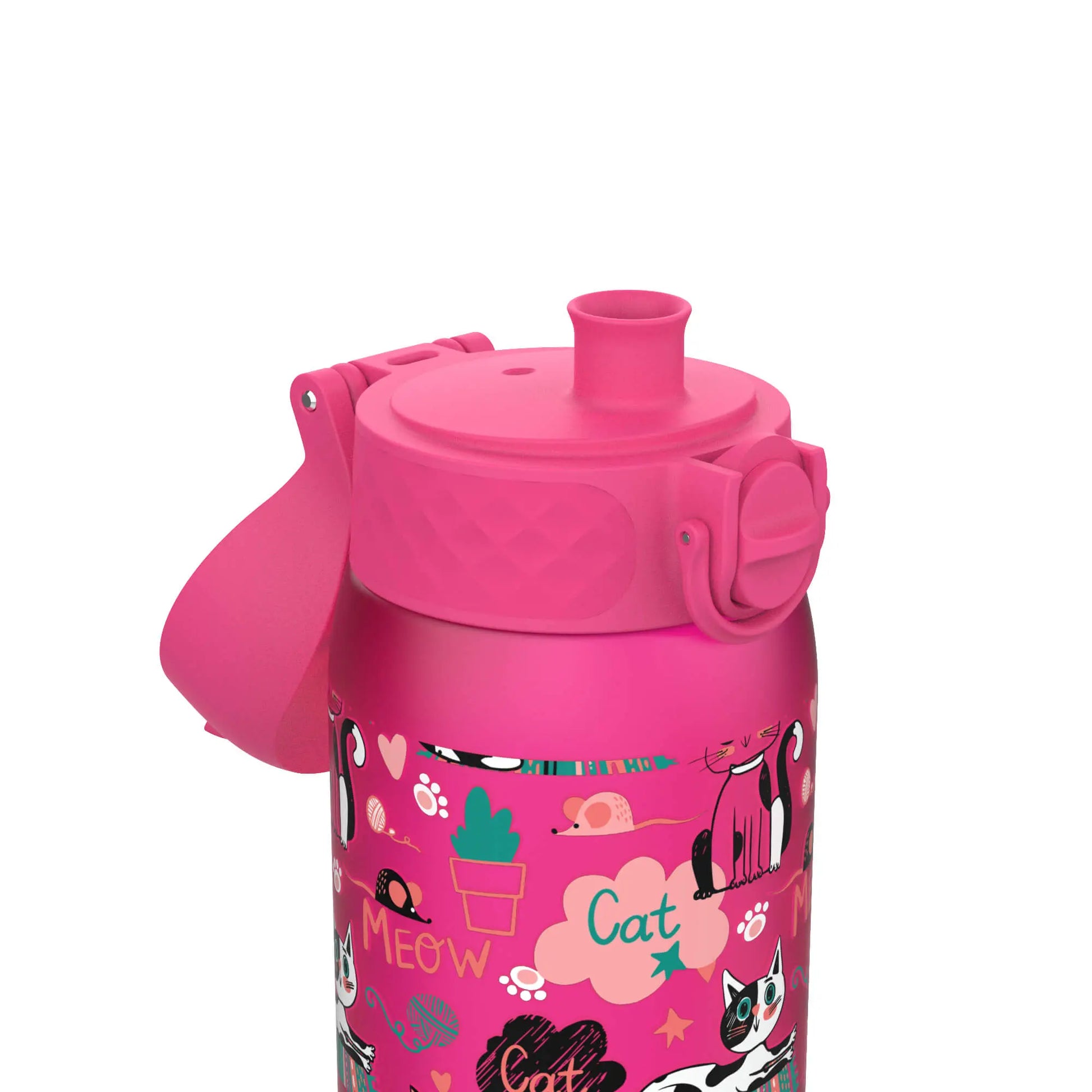 Pink water bottle with a built-in straw surrounded by colorful cat illustrations and the words Meow and Cat on a patterned background
