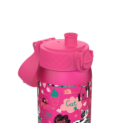 Pink water bottle with a built-in straw surrounded by colorful cat illustrations and the words Meow and Cat on a patterned background