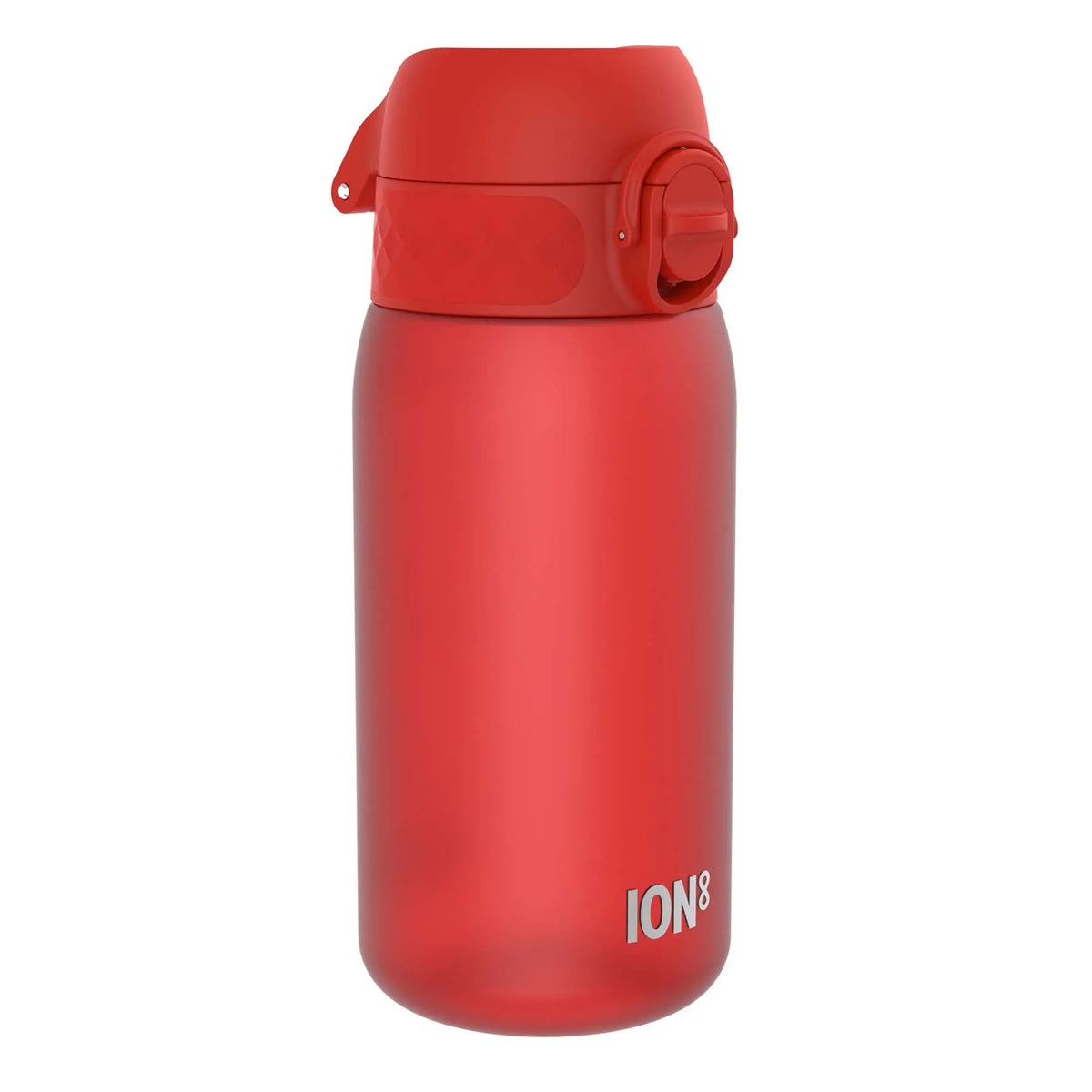 A red water bottle with a flip cap and textured grip sits upright against a white background. The word "ION8" is printed in white near the base.