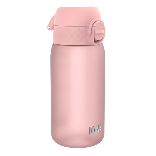 A pink water bottle stands upright with a flip-top lid and soft matte finish featuring the text ION8 in the lower corner against a plain white background.