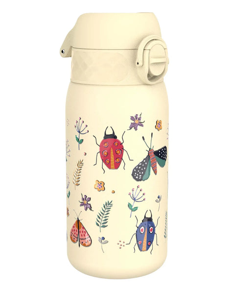 A cream-colored water bottle with a locking lid features colorful insect and floral designs including beetles and stylized flowers scattered across its surface.