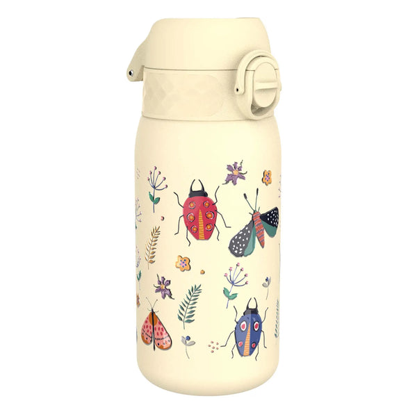 A cream-colored water bottle with a locking lid features colorful insect and floral designs including beetles and stylized flowers scattered across its surface.