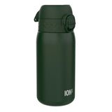 A dark green insulated water bottle stands on a plain white background with a secure flip-top lid and the text 