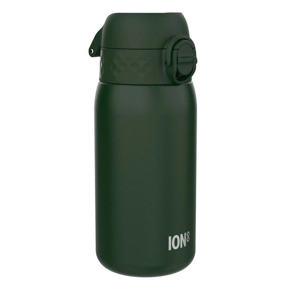 A dark green insulated water bottle stands on a plain white background with a secure flip-top lid and the text "ION8" near the base.