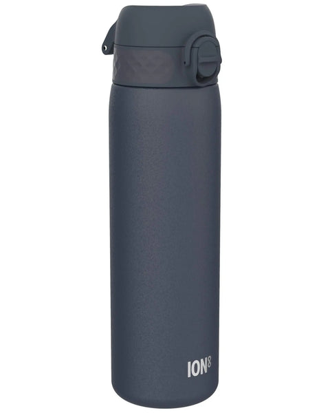 A dark gray water bottle stands upright with a flip-top lid and textured grip on a plain white background. Branding on the bottle reads ION8.