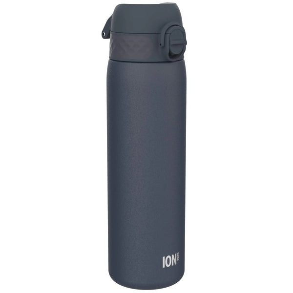 A dark gray water bottle stands upright with a flip-top lid and textured grip on a plain white background. Branding on the bottle reads ION8.