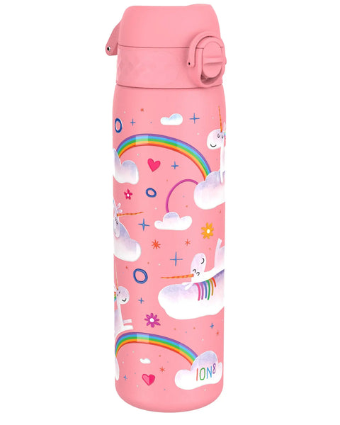 A pink water bottle featuring unicorns on clouds and rainbows surrounding it text reading "ION8" in a whimsical design