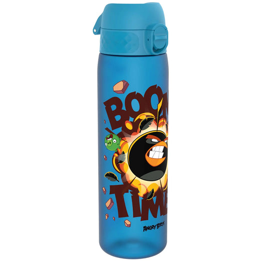 A blue water bottle features a cartoon character exploding outward, surrounded by text reading "BOOM TIME" and "ANGRY BIRDS" set against a plain white background.