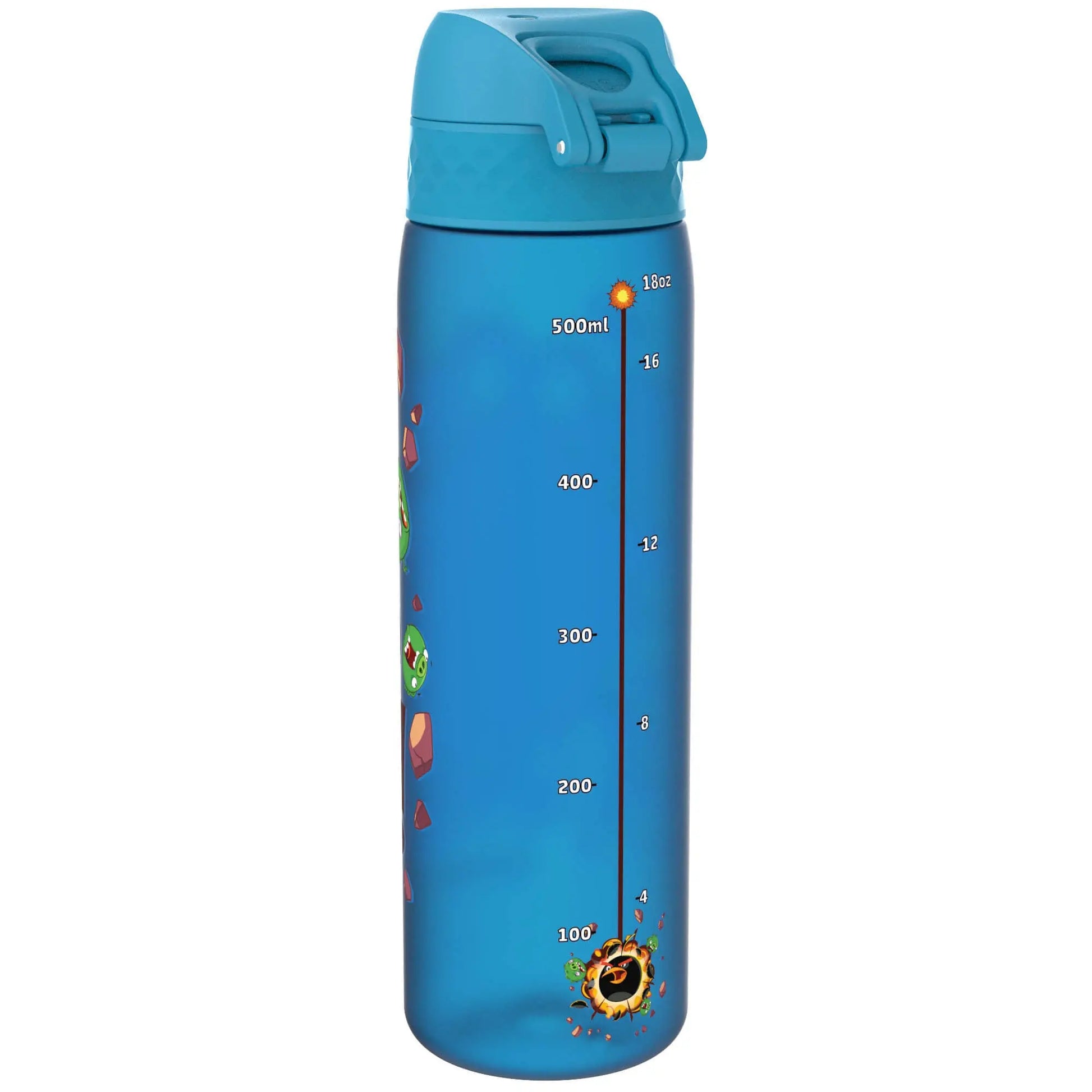 Blue water bottle displaying measurement markings from 100ml to 500ml or 4oz to 18oz decorated with playful green cartoon animal designs against a plain background.