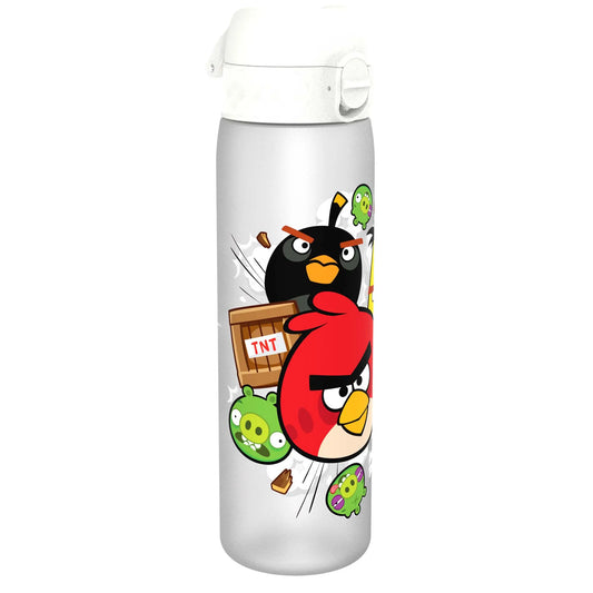 A white water bottle features cartoon birds and pigs from Angry Birds, with one bird holding a TNT crate, surrounded by other characters against the bottle's sleek background.