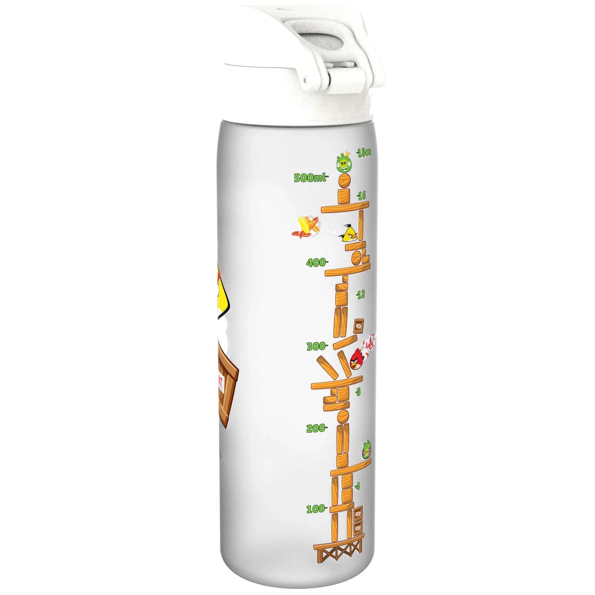 A white water bottle features Angry Birds graphics with measurements from 100 ml to 500 ml and illustrations of birds and pigs stacked throughout.