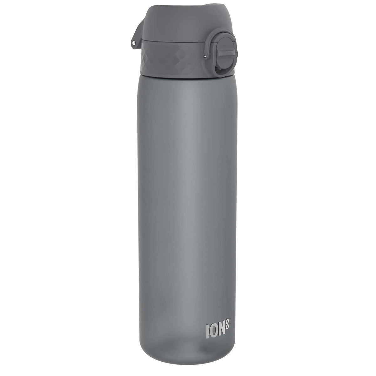 Grey insulated bottle standing upright featuring a secure twist cap and "ION8" text near the base against a plain white background.
