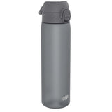 Grey insulated bottle standing upright featuring a secure twist cap and 