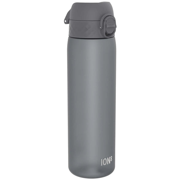 Grey insulated bottle standing upright featuring a secure twist cap and "ION8" text near the base against a plain white background.