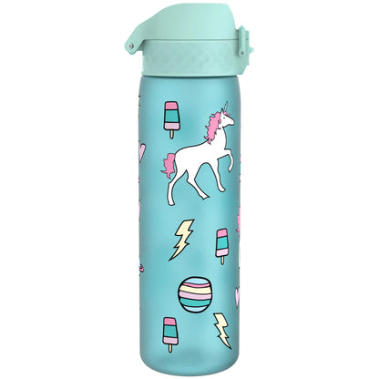 A turquoise water bottle featuring colorful graphics of unicorns, popsicles, lightning bolts, and striped spheres displayed against a white background