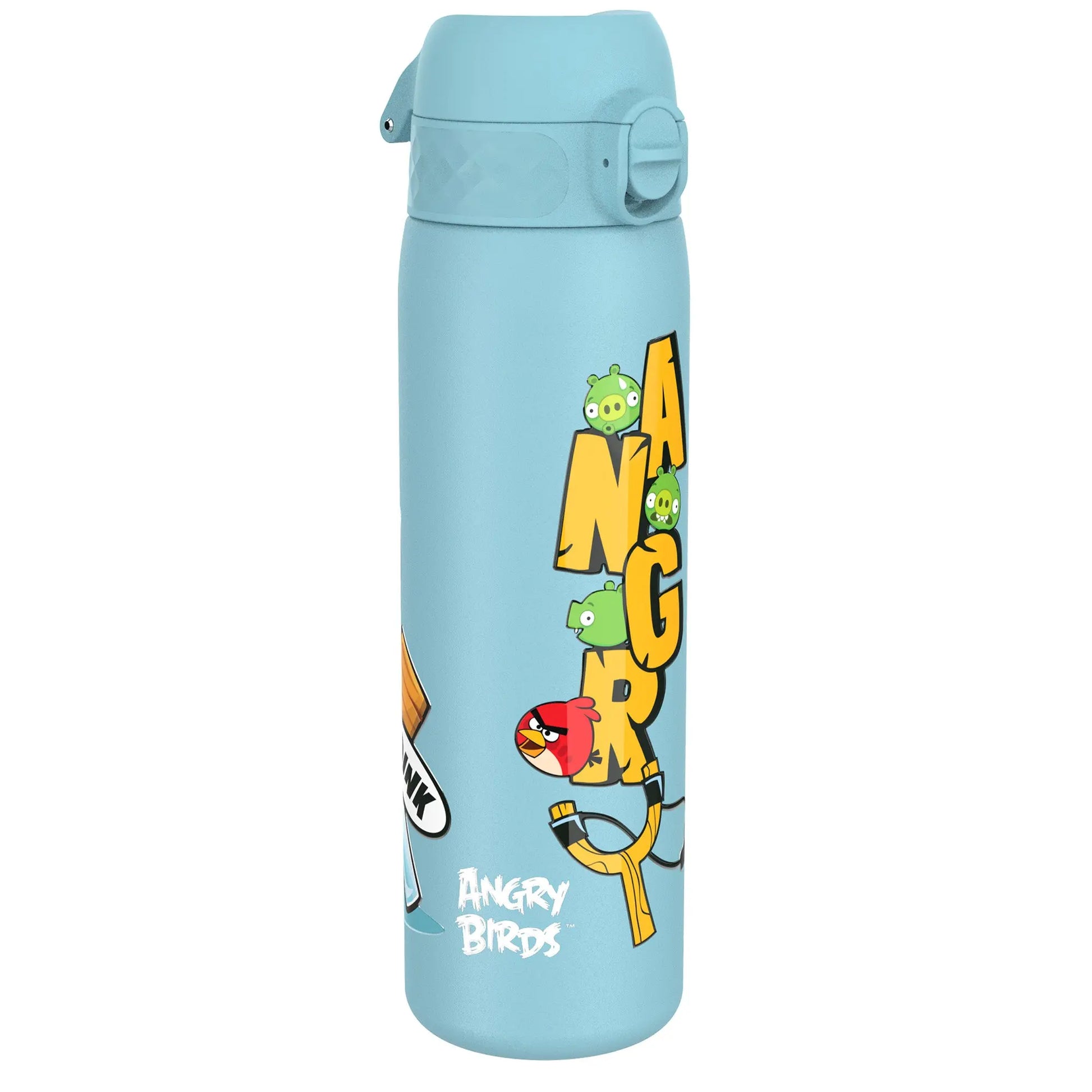 A light blue water bottle featuring cartoon characters with the text "Angry Birds" alongside large, colorful letters spelling "ANGRY" and illustrations of birds, slingshots, and green pigs.