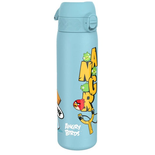 A light blue water bottle featuring cartoon characters with the text "Angry Birds" alongside large, colorful letters spelling "ANGRY" and illustrations of birds, slingshots, and green pigs.