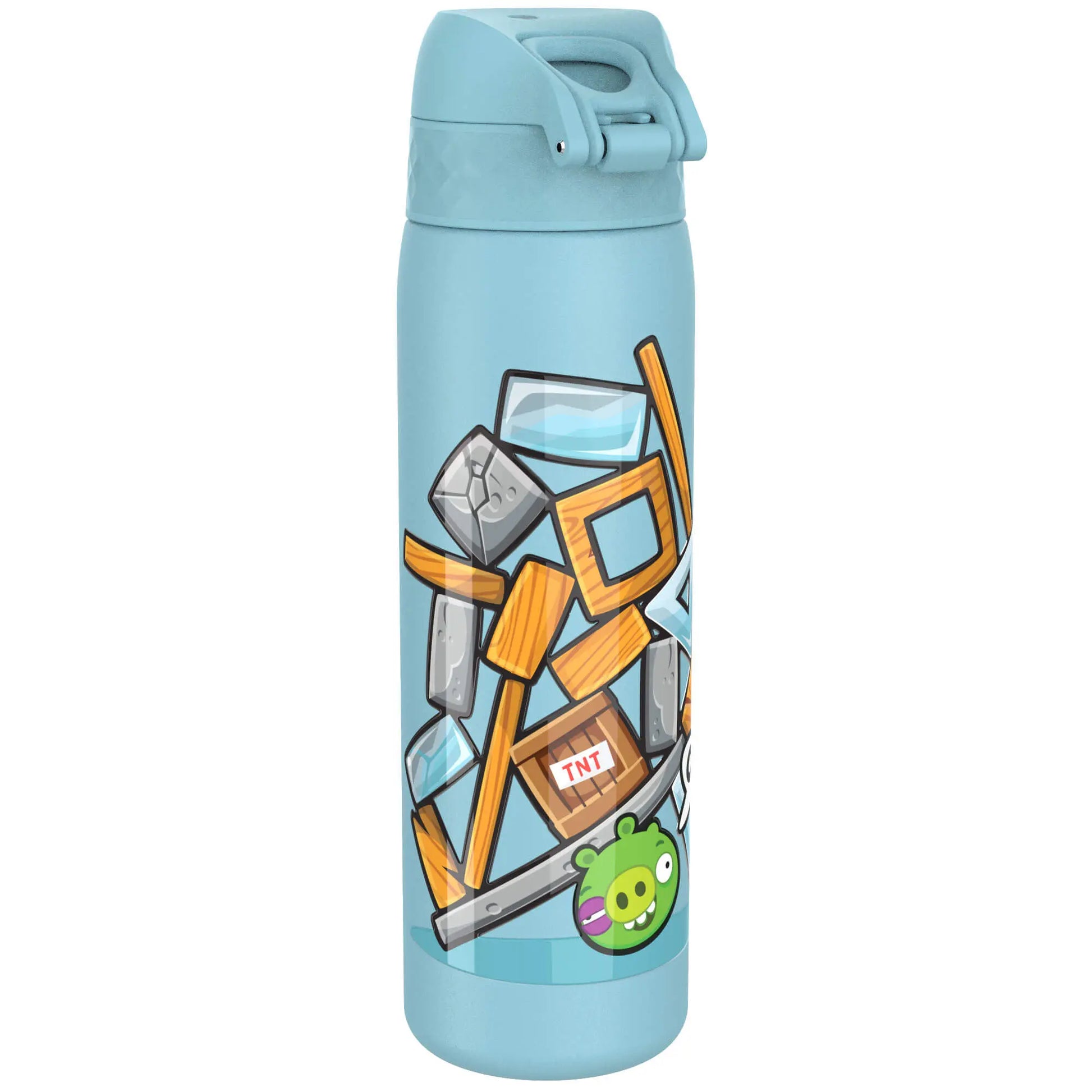 A light blue water bottle displays a playful design of wooden and metal blocks and a green cartoon pig with a TNT crate, inspired by a popular game.