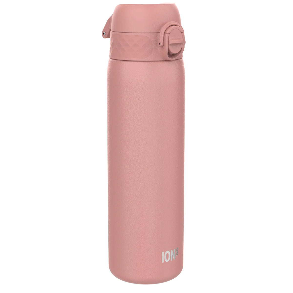 A pink water bottle with a flip-top lid stands upright against a white background. The text "ION8" is printed near the bottom.