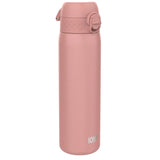 A pink water bottle with a flip-top lid stands upright against a white background. The text 