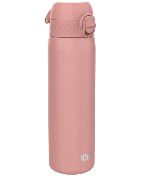 A pink water bottle with a flip-top lid stands upright against a white background. The text "ION8" is printed near the bottom.