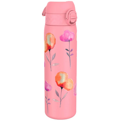 A pink thermos bottle decorated with watercolor-style flowers sits against a plain white background.