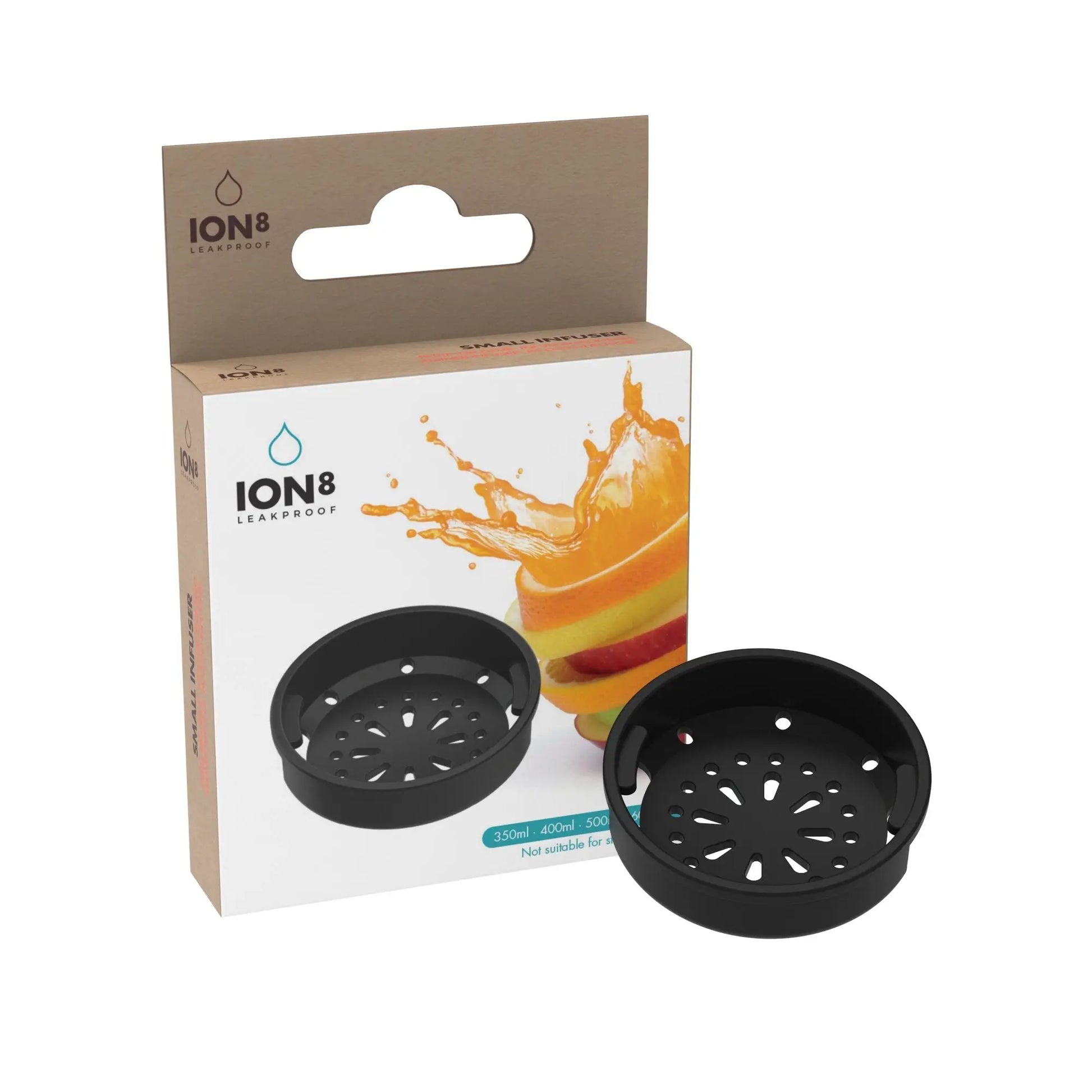 A black circular infuser rests against packaging featuring fruit slices and splashes. Text: ION8 LEAKPROOF 350ml 400ml 500ml Not suitable for sparkling water ION8 SMALL INFUSER
