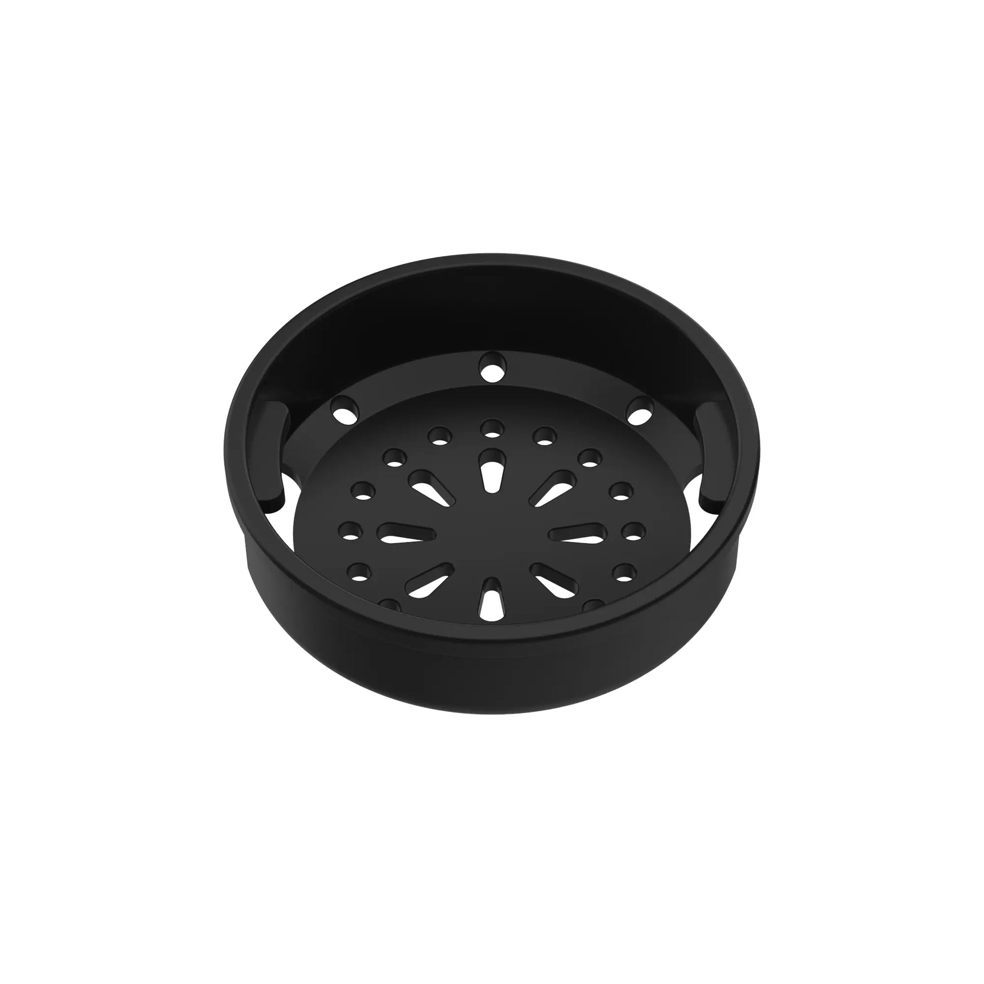A round black drip tray with multiple perforations sits isolated against a plain white background.