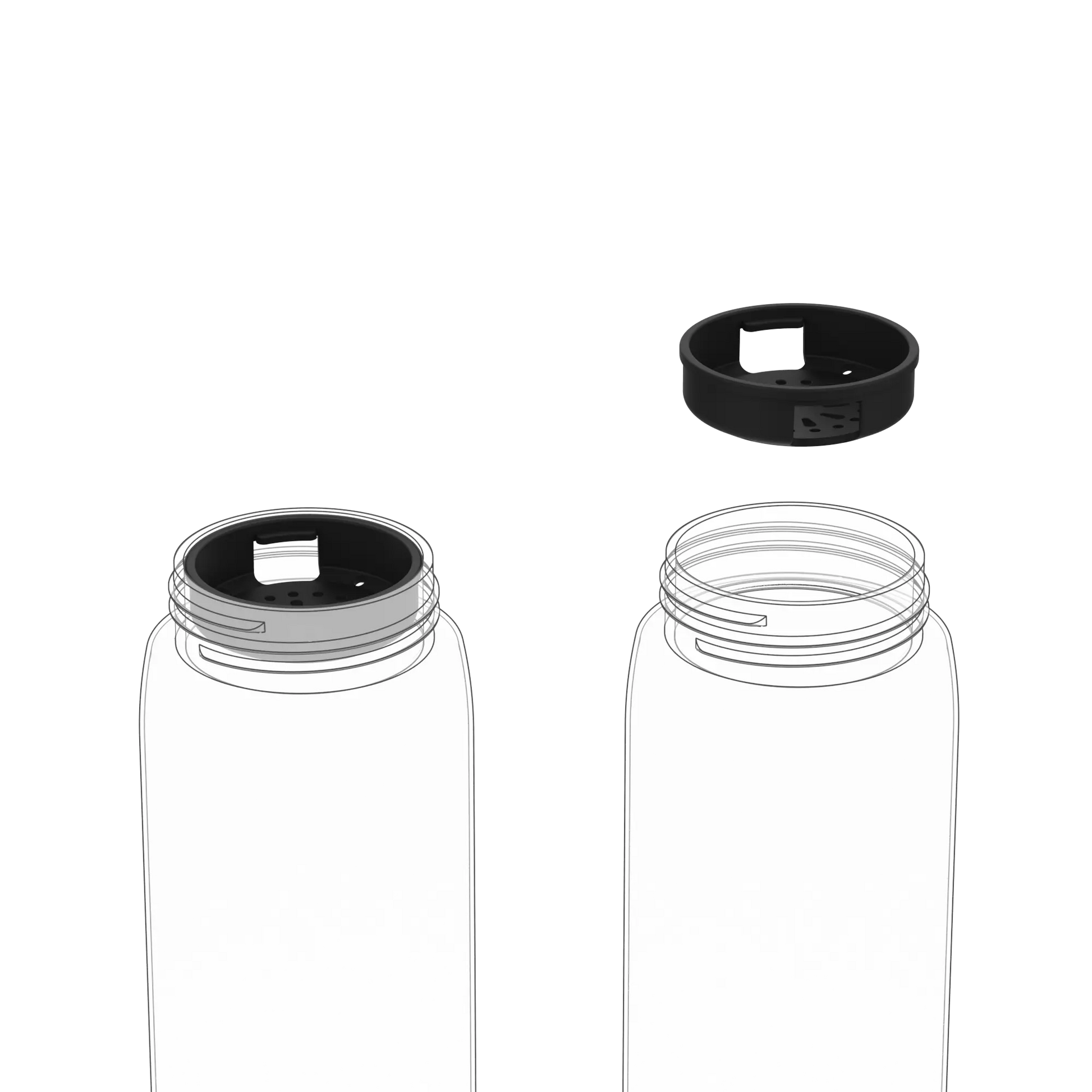 Two clear bottles with open tops stand vertically side by side a black lid with a square opening hovers above the right bottle in a white space.