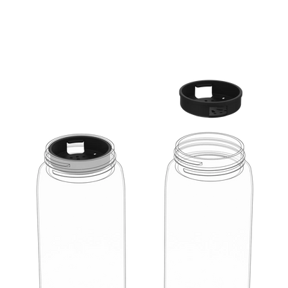 Two clear bottles with open tops stand vertically side by side a black lid with a square opening hovers above the right bottle in a white space.