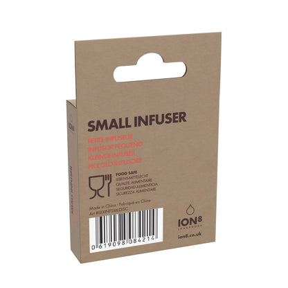 A cardboard package labeled "SMALL INFUSER" in multiple languages with "FOOD SAFE" text and a barcode set against a plain white background featuring the ION8 logo and website ion8.co.uk