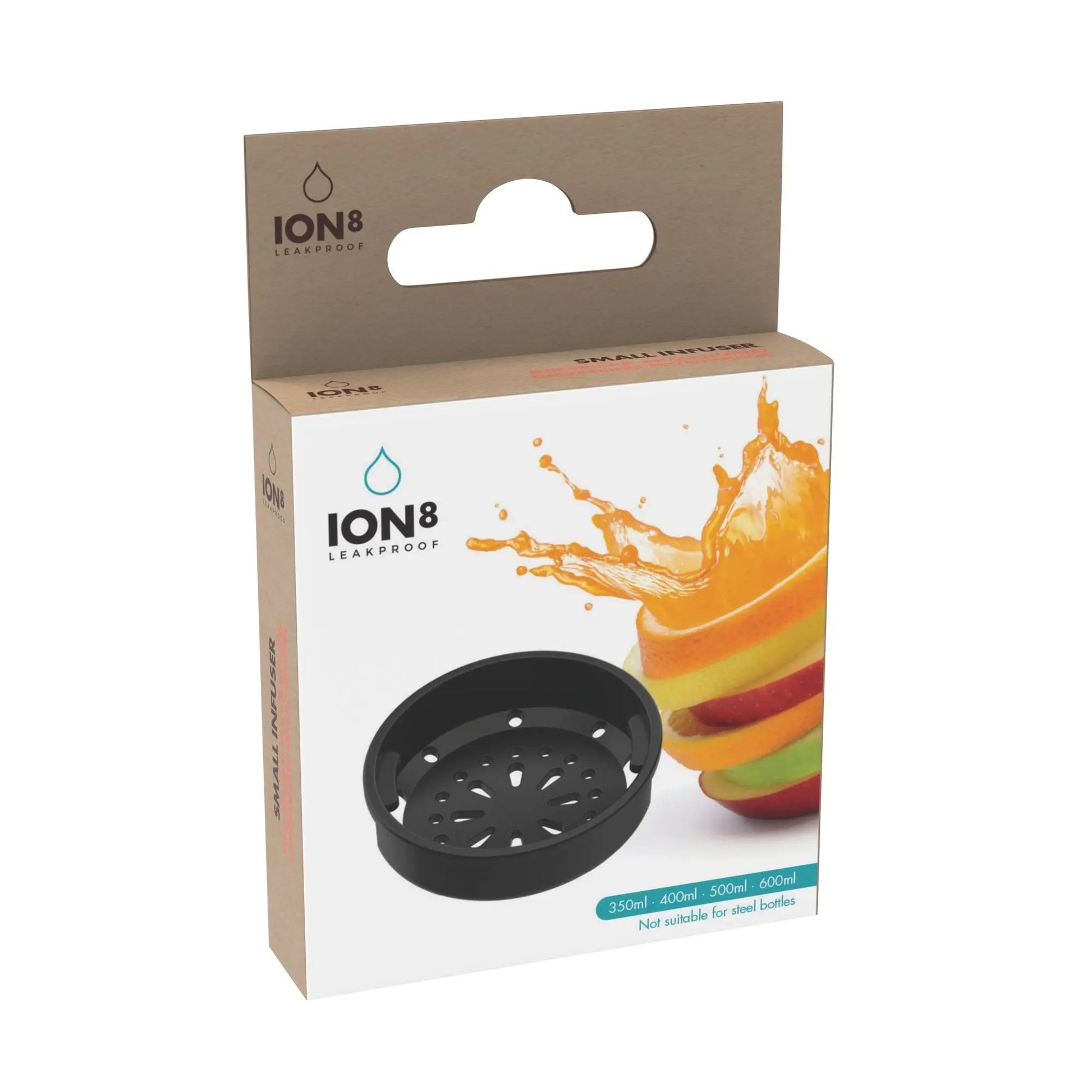 Black infuser rests beside a stack of colorful fruit slices with juice splashing out in a white box. Text reads "ION8 LEAKPROOF" and "350ml - 600ml Not suitable for steel bottles."