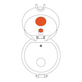 Diagram of a toilet bowl with lid open displaying internal flushing mechanism structure and components highlighted in orange viewed from above against a plain white background