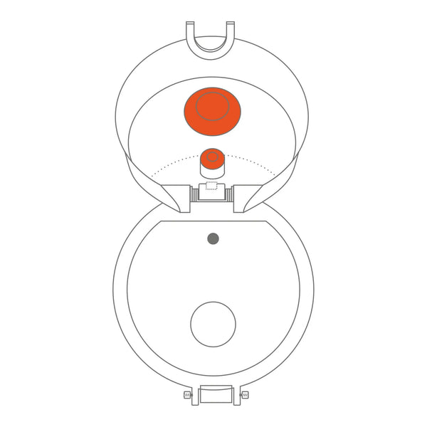 Toilet bowl diagram displaying open lid with visible red highlighted flushing mechanism inside a simple white background setting
