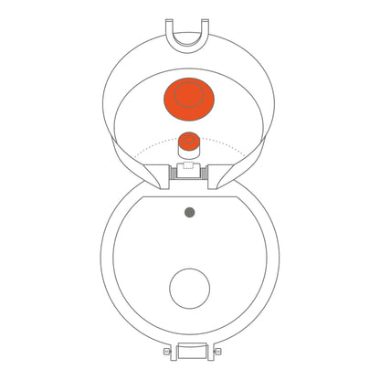 Toilet bowl diagram displaying open lid with visible red highlighted flushing mechanism inside a simple white background setting