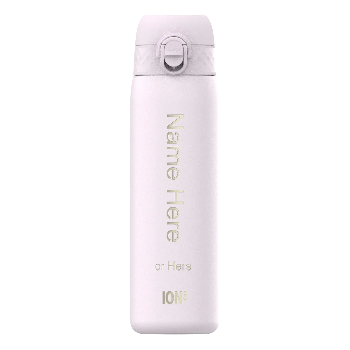 A white water bottle stands upright displaying customizable text “Name Here or Here ION8” against a plain background suggesting personalization options in a minimalist design.