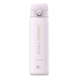 A white water bottle stands upright displaying customizable text “Name Here or Here ION8” against a plain background suggesting personalization options in a minimalist design.