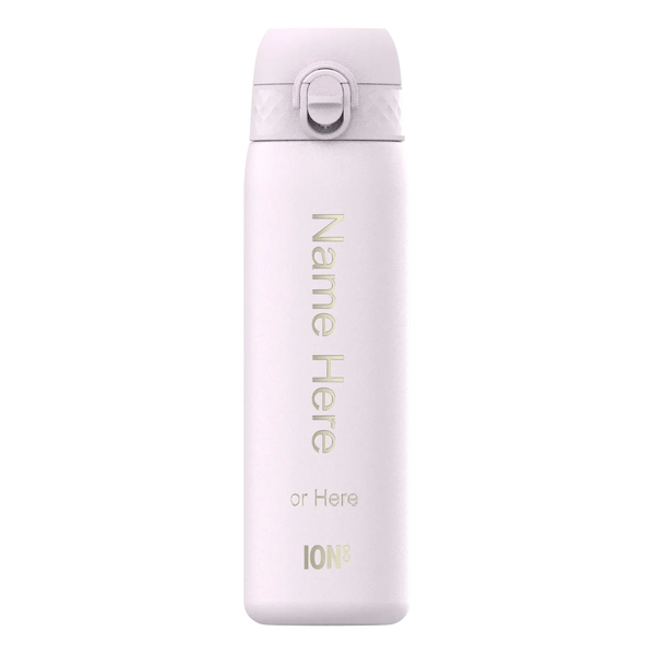 A white water bottle stands upright displaying customizable text “Name Here or Here ION8” against a plain background suggesting personalization options in a minimalist design.