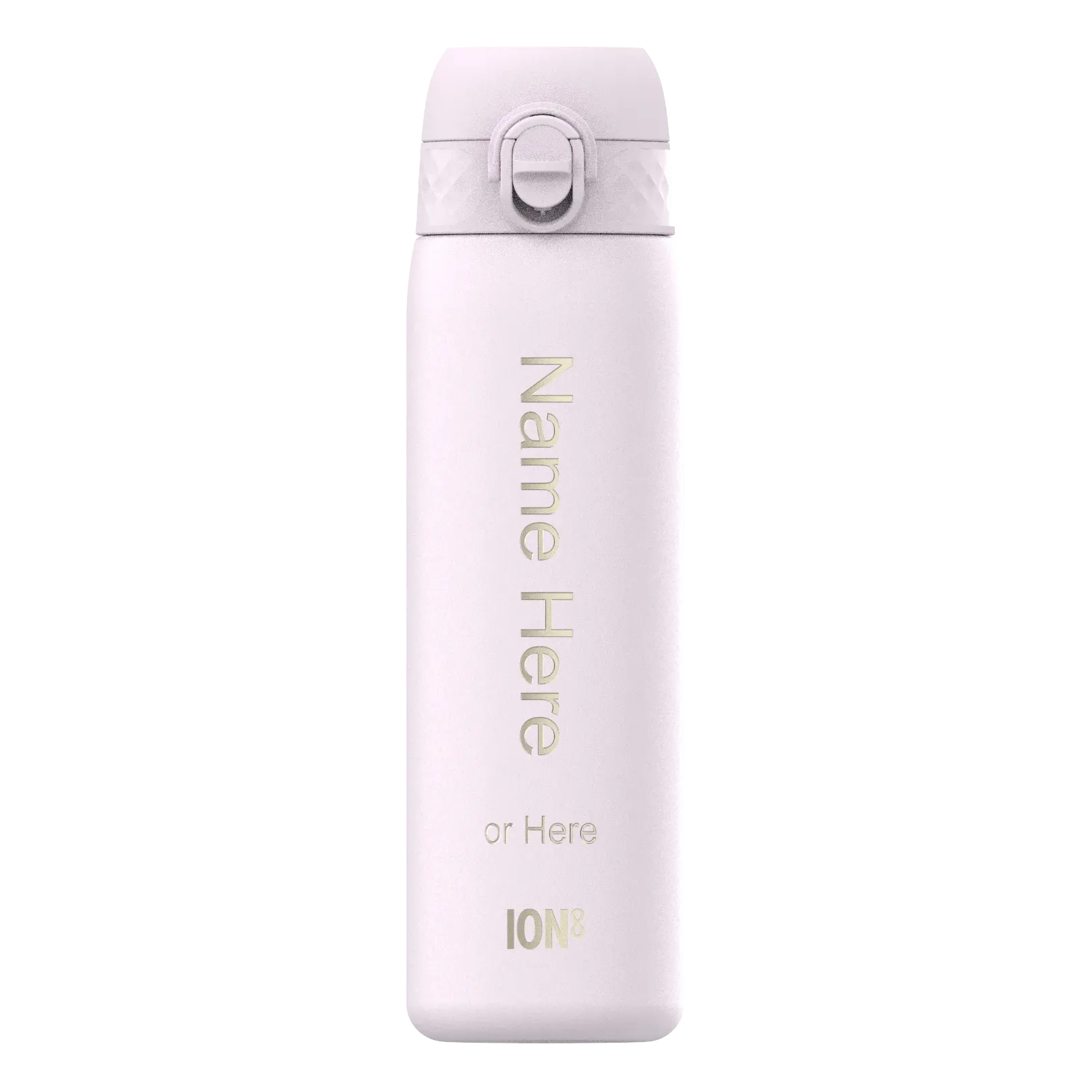 A white water bottle stands upright displaying customizable text “Name Here or Here ION8” against a plain background suggesting personalization options in a minimalist design.