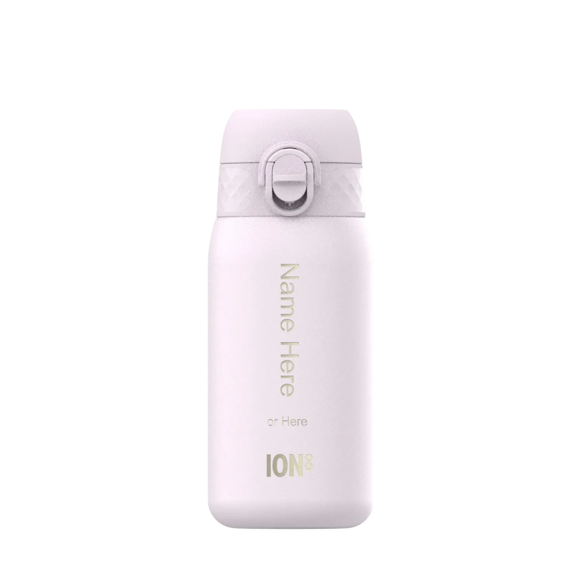 White reusable water bottle standing upright features a secure flip-top lid and custom text options reading Name Here or Here ION8 against a plain white background