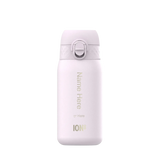 White reusable water bottle standing upright features a secure flip-top lid and custom text options reading Name Here or Here ION8 against a plain white background