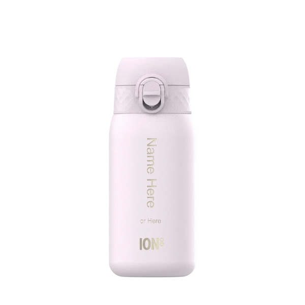 White reusable water bottle standing upright features a secure flip-top lid and custom text options reading Name Here or Here ION8 against a plain white background