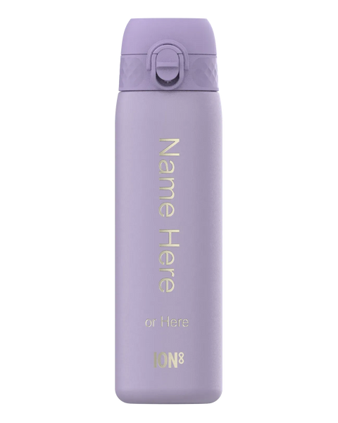 Purple water bottle with a lid and flip-top mechanism standing upright Text on the bottle reads Name Here or Here ION8 against a plain white background