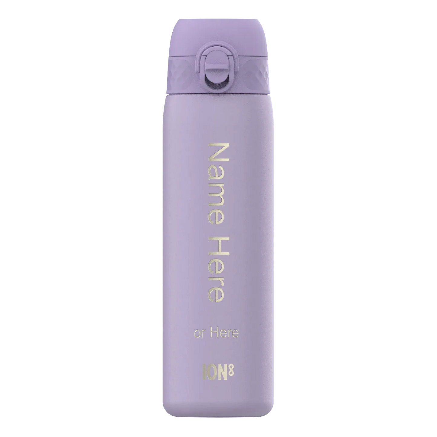 Purple water bottle with a lid and flip-top mechanism standing upright Text on the bottle reads Name Here or Here ION8 against a plain white background