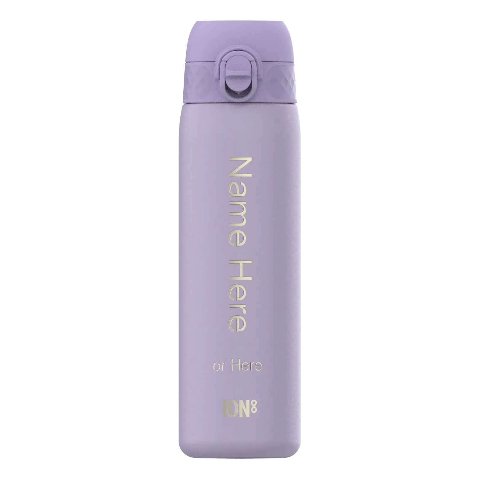 Purple water bottle with a lid and flip-top mechanism standing upright Text on the bottle reads Name Here or Here ION8 against a plain white background