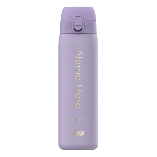 Purple water bottle with a lid and flip-top mechanism standing upright Text on the bottle reads Name Here or Here ION8 against a plain white background