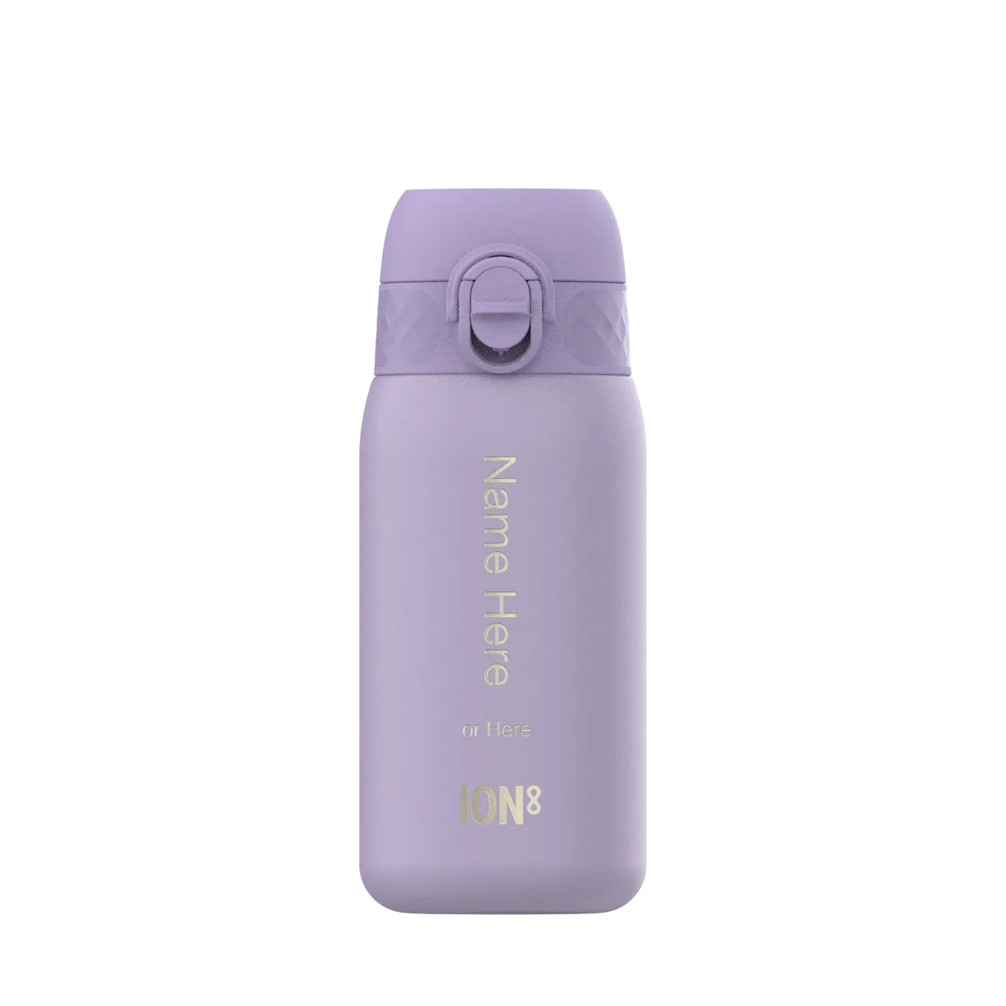 Purple water bottle standing upright plain background text reads Name Here or Here ION8