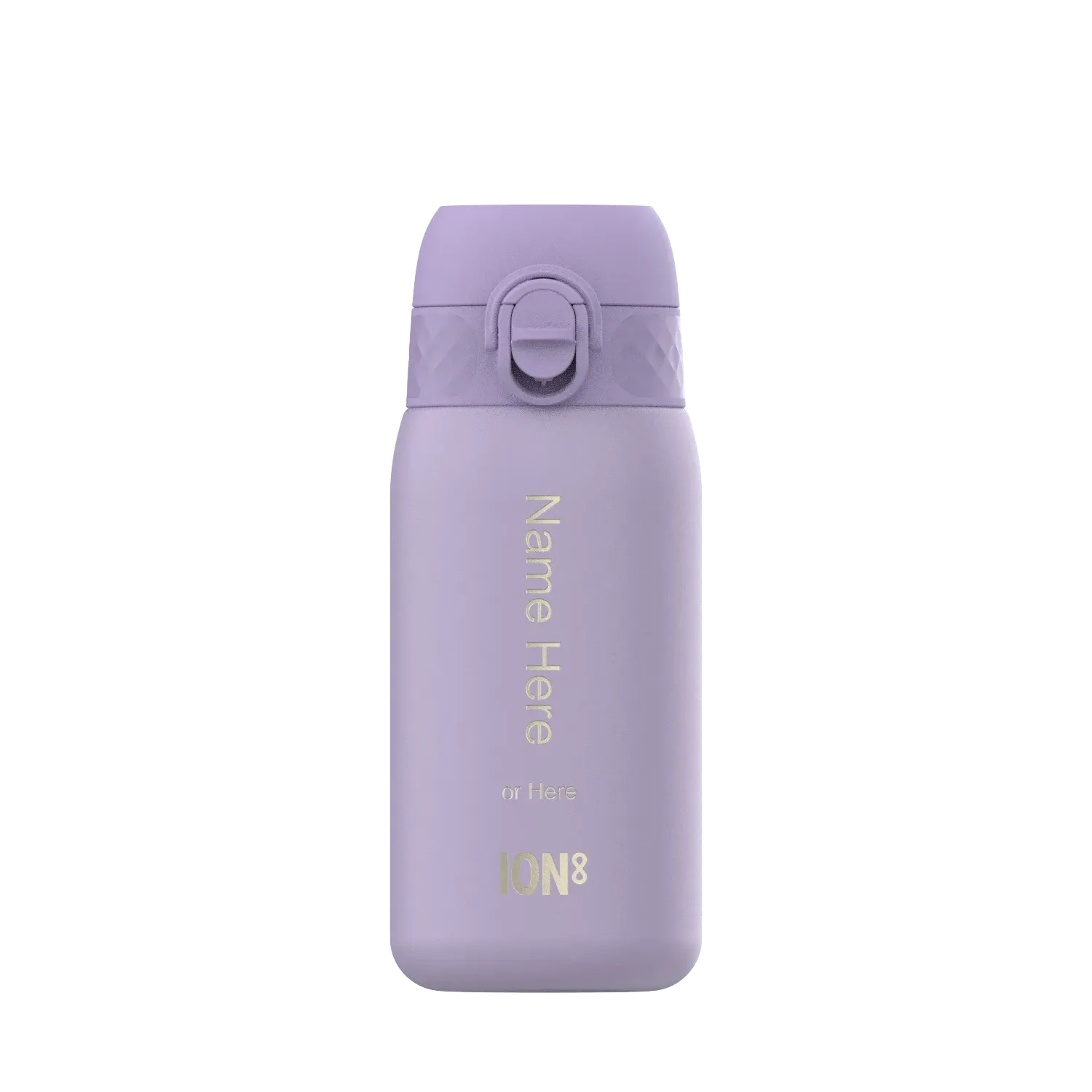 Purple water bottle standing upright plain background text reads Name Here or Here ION8